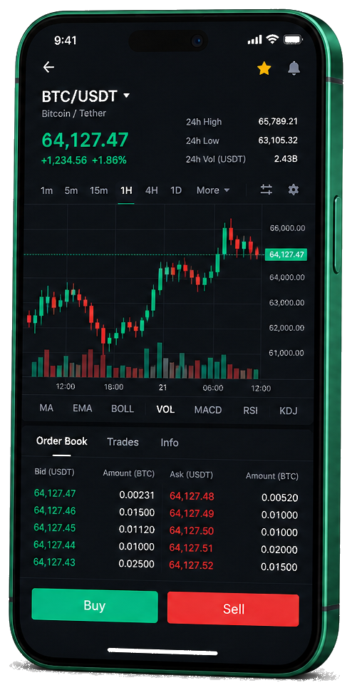Piattaforma Beacon Renditave su smartphone — grafico live BTC/USDT, order book e pannello di controllo operazioni